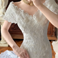 Ivory Satin Vintage V‑Neck Off‑The‑Shoulder Lace Cap Sleeve Heavy Floral Lace Appliqué Fitted Sheath Long Train Wedding Prom Gown gh8630