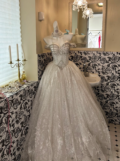 Ivory Strapless Silver Embellished Voluminous Full Flared Skirt Romantic Dress, Wedding Gown gh7602