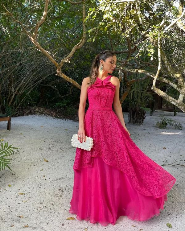 Robe de soirée longue en tulle et dentelle élégante et exquise, robe de soirée pour invités de mariage, rose, gh3362
