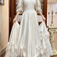 White Vintage Satin Ball Gown Wedding Prom Dress, Mock Two‑Piece Lace High Neck V‑Neck, Puff 3/4 Sleeves, Satin Bows, Double‑Layer Lace Hem gh8697