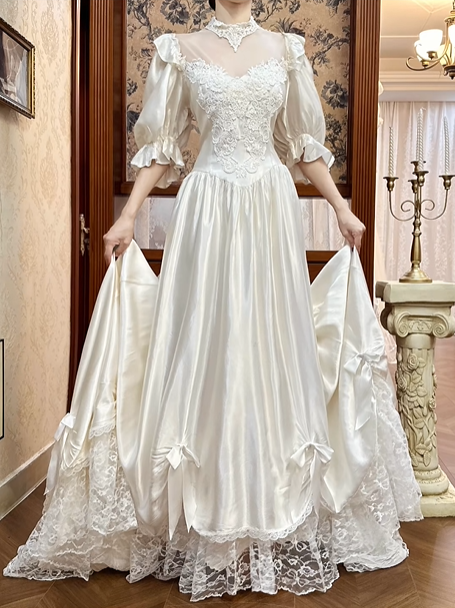 White Vintage Satin Ball Gown Wedding Prom Dress, Mock Two‑Piece Lace High Neck V‑Neck, Puff 3/4 Sleeves, Satin Bows, Double‑Layer Lace Hem gh8697