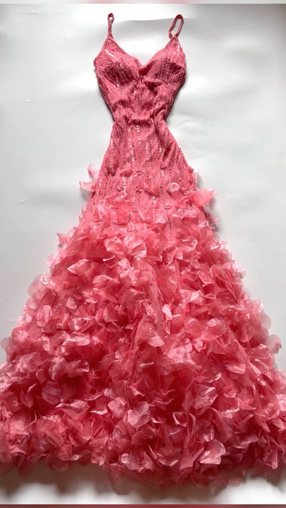 ✨Girlhomeshops-Hot Pink 3D Petal Mermaid Prom Dress Spaghetti Strap gh10194
