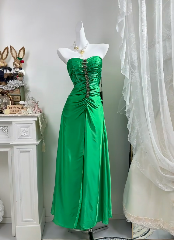Bright Green Satin Long Evening Gown, Strapless Ruched Bodice With Beading Slit Formal Prom Dress gh9277