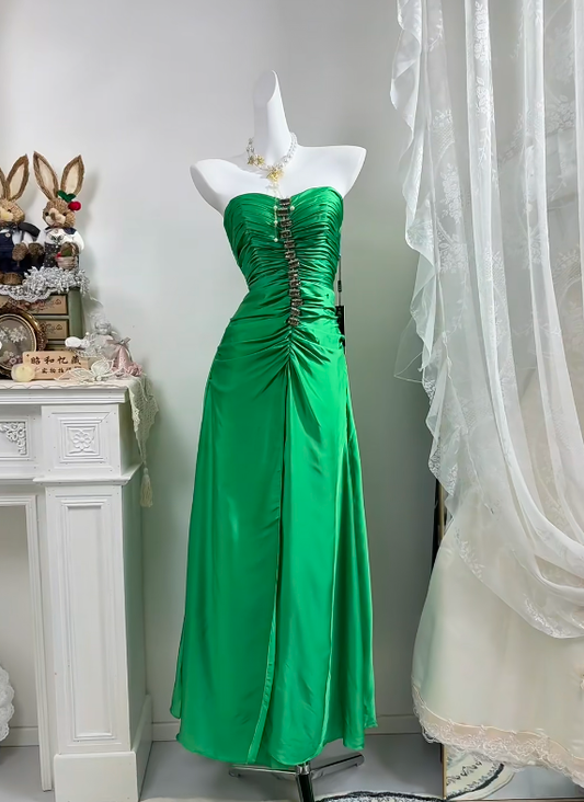 Bright Green Satin Long Evening Gown, Strapless Ruched Bodice With Beading Slit Formal Prom Dress gh9277