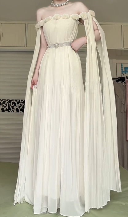Off‑White Off‑The‑Shoulder 3D Floral Cape Sleeve Long Evening Gown, Beaded Waistband Pleated Chiffon Formal Prom Dress gh9002