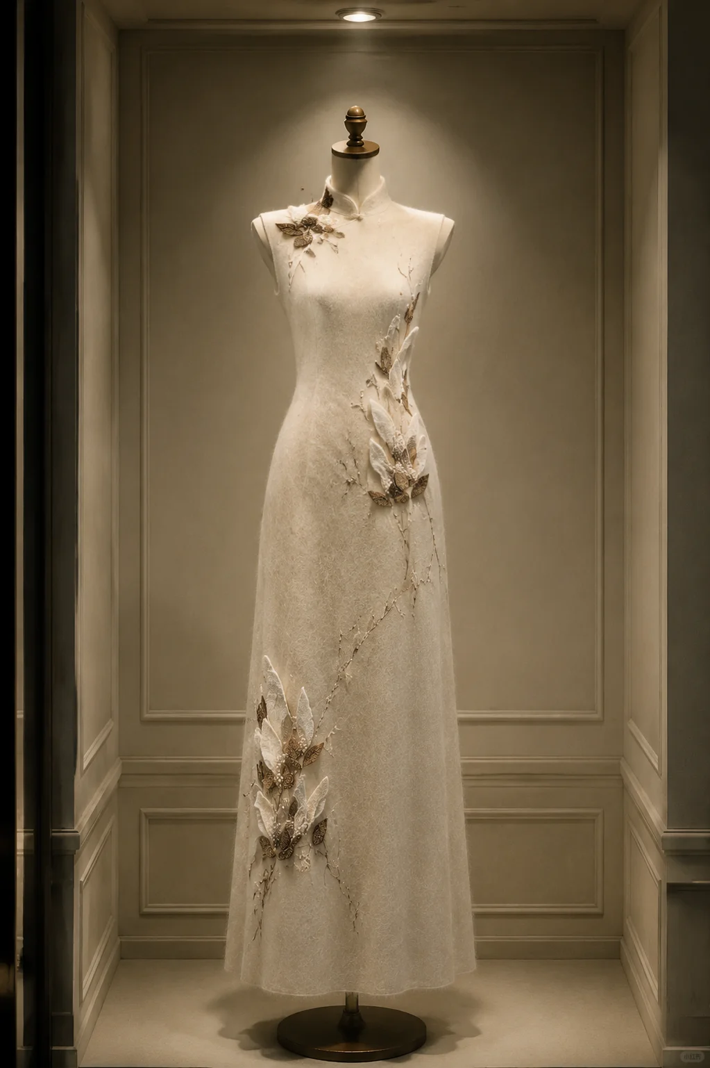 ✨Girlhomeshops-Chinese Cream Qipao Bridal Gown with 3D Leaf Floral Appliques gh10358
