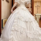 White Satin Vintage Illusion V‑Neck Puff Short Sleeve Lace Ruffle Fitted Waist Ball Gown Prom Dress, Wedding Dress gh8616