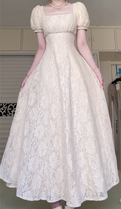 Ivory Vintage Long Evening Gown, Square Neck Puff Short Sleeve Lace A‑Line Prom Dress With Rhinestone Waist Trim for Party Banquet gh8957