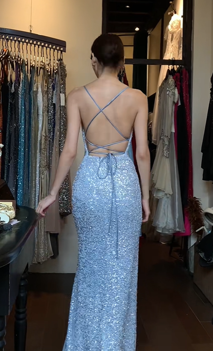 Spaghetti Straps Light Ice Blue Evening Gown Sweetheart Full Sequin Mermaid High Slit Long Prom Dress gh9712