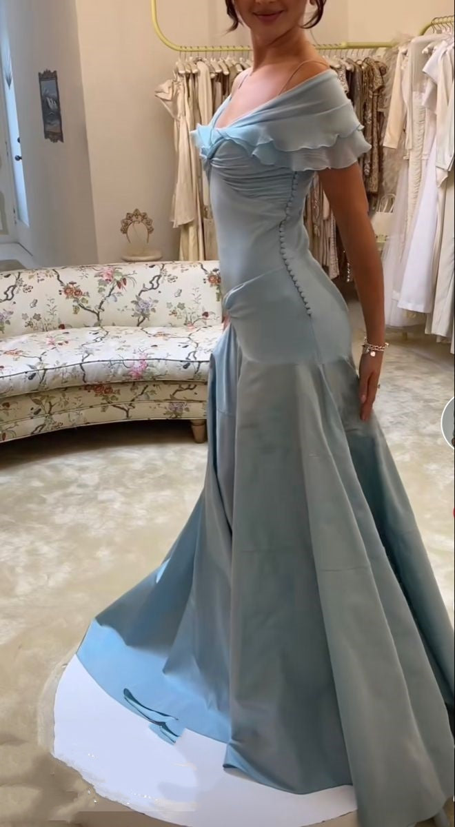 Blue elegant simple off-shoulder tulle long ball gown evening dress gh3018