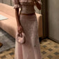 Robe deux-pièces rose en tulle à manches courtes et perles | Robe maxi élégante et luxueuse à encolure carrée découpée, idéale pour une soirée de gala gh6465