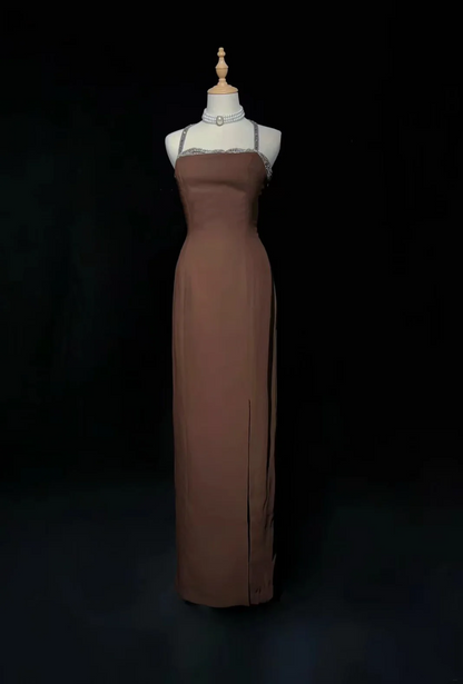 ✨Girlhomeshops-Coffee Spaghetti Strap Beaded Gown High Side Slit Sheath gh10144