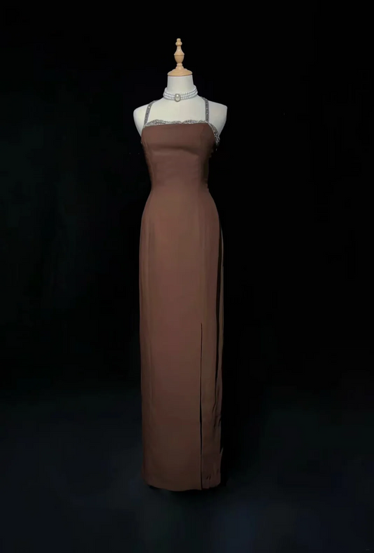 ✨Girlhomeshops-Coffee Spaghetti Strap Beaded Gown High Side Slit Sheath gh10144