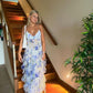 Robe de soirée longue à bretelles spaghetti et motif floral bleu charmant gh3009