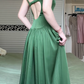 Vintage Dark Green Square Neck Wide‑Strap Long Evening Gown, Vertical Textured Satin A‑Line Prom Dress gh9022