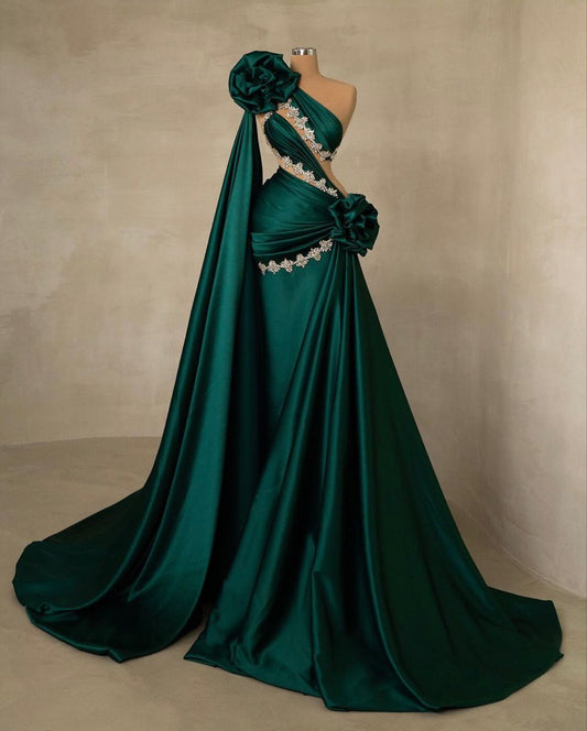 Girlhomeshops-Green Beaded Elegant Long Satin Ball Gown Evening Gown Party Dress gh5031