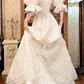 Off‑White Vintage Victorian High‑Neck Lace Illusion Puff Lantern 3/4 Sleeve Fitted Waist Multi‑Tier Lace Hem Long Prom Gown, Wedding Dress gh8611