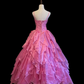 Pink Spaghetti Strap Princess Ball Gown, Sweetheart Neck, Rhinestone Beaded Bodice, Lace Corset Waist, Large Side Bow, Tiered Ruffled Skirt, Formal Prom Party Dress gh8908