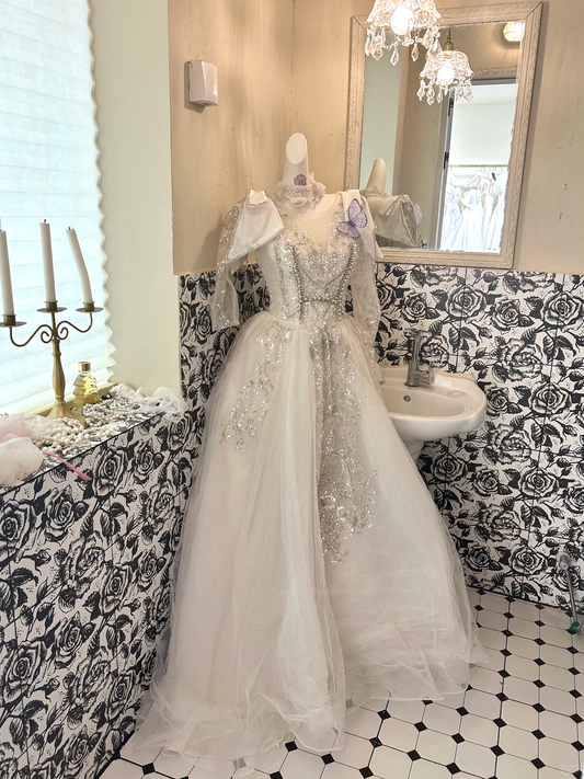 Ivory Rhinestone Cinched Waist Figure-Flattering Voluminous Skirt Long Premium Romantic Dress, Wedding Gown gh7811