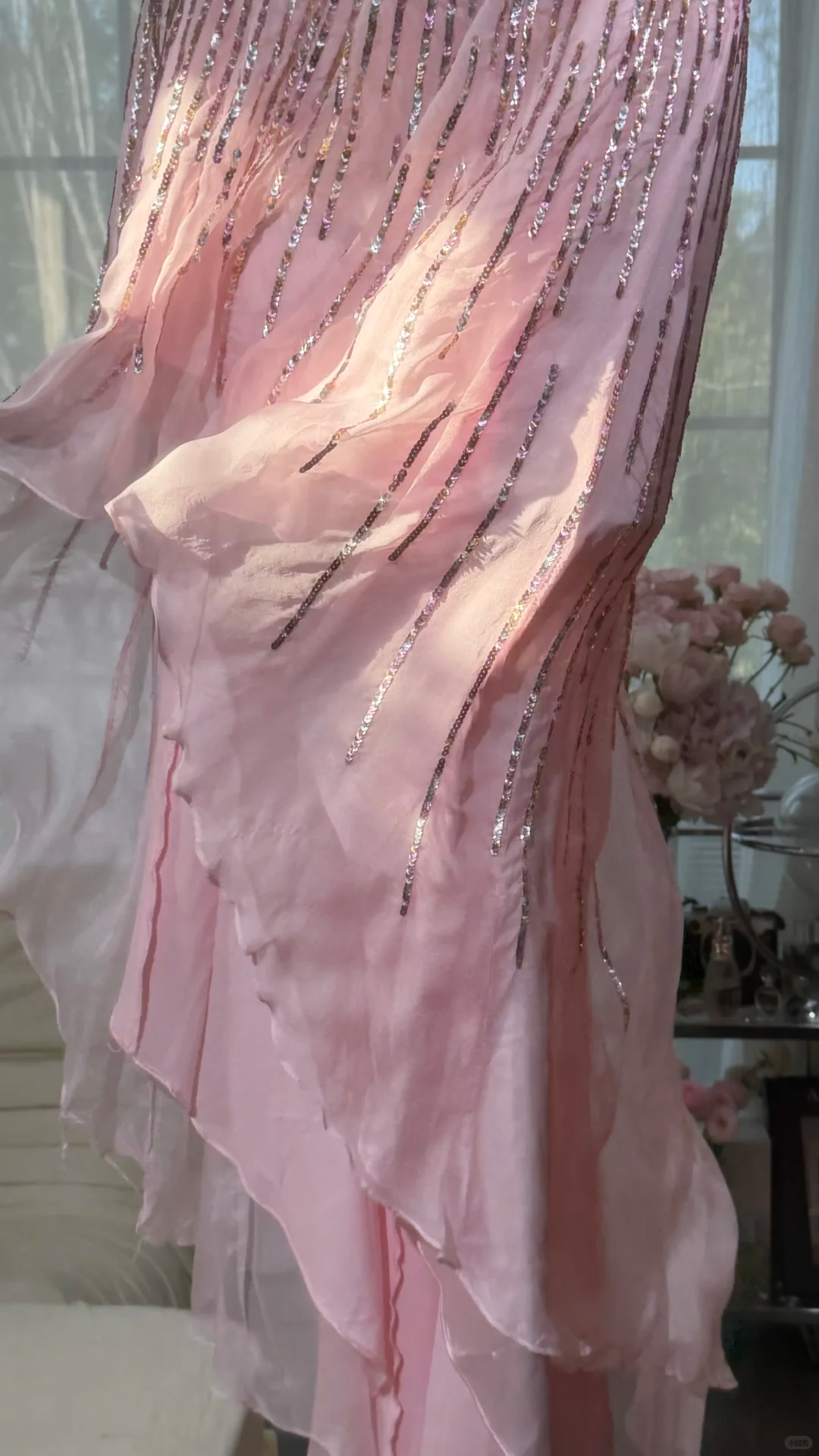 Pink Strapless Vertical Heavy Beaded Irregular Ruffle Mermaid Evening Dress, Prom Gown gh9521
