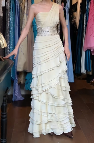 Ivory Vintage Prom Dress One Shoulder Ruched Bodice Beaded Waistband Tiered Ruffle Chiffon Long Evening Gown gh9620