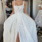 White fantasy square neck slit lace applique long tulle backless bridal gown wedding dress gh2404