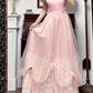 Pink Vintage Square‑Neck Puff‑Sleeve Lace‑Trim Drawstring‑Bow‑Draped Ballgown Floor‑Length Evening Prom Gown gh8800