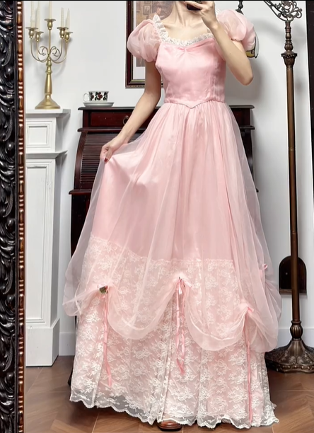Pink Vintage Square‑Neck Puff‑Sleeve Lace‑Trim Drawstring‑Bow‑Draped Ballgown Floor‑Length Evening Prom Gown gh8800
