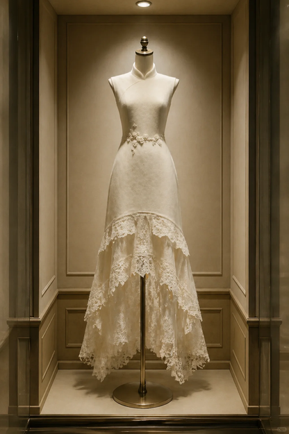 ✨Girlhomeshops-Tiered Asymmetrical Lace Mermaid Ivory Qipao Cheongsam gh10473
