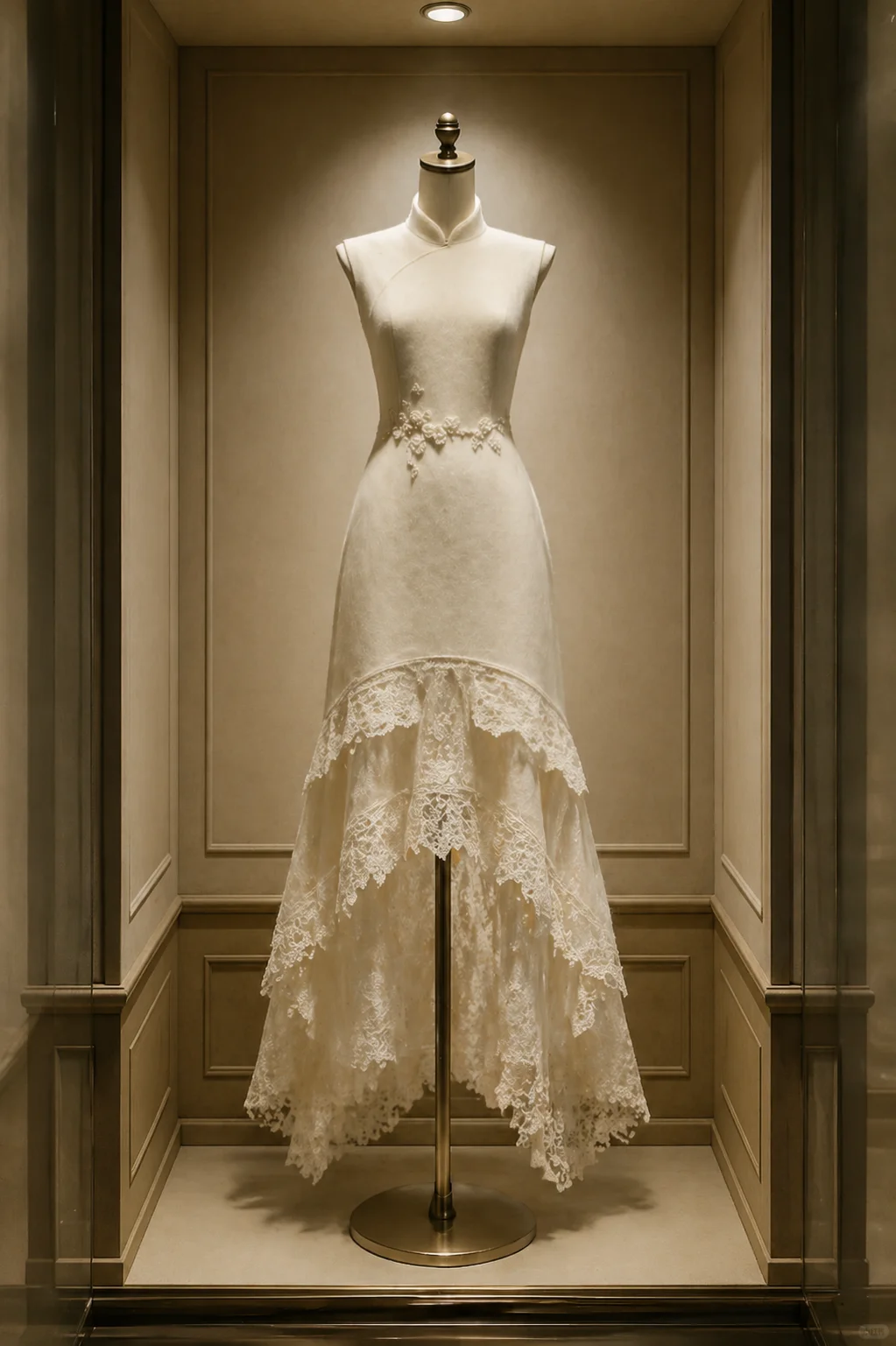 ✨Girlhomeshops-Tiered Asymmetrical Lace Mermaid Ivory Qipao Cheongsam gh10473