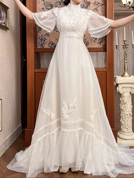 Ivory Vintage Tulle Wedding Gown, High Neck, Flare Mid‑Sleeves, 3D Floral Lace Appliqués, Empire High Waist, Multi‑Ruffle Hem Long Train Prom Dress gh8635