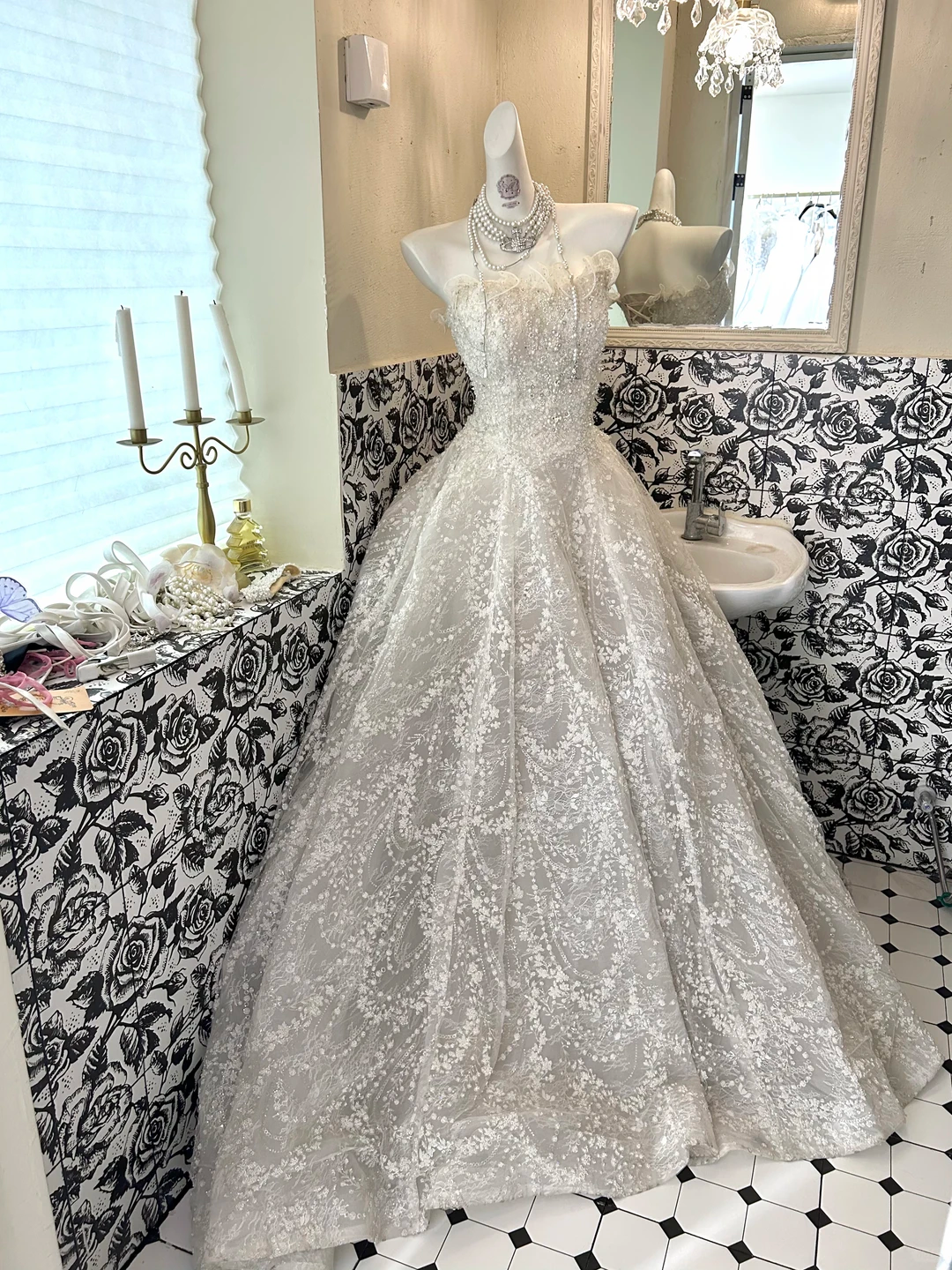 Ivory Strapless Waist-Cinched Accented Full Flared Long Romantic Dress, Wedding Gown gh7714