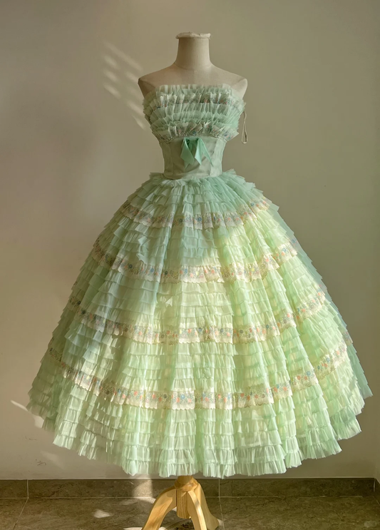 Mint Green Strapless Vintage Tiered Cake Midi Ballgown, Lace Party Dress gh9330