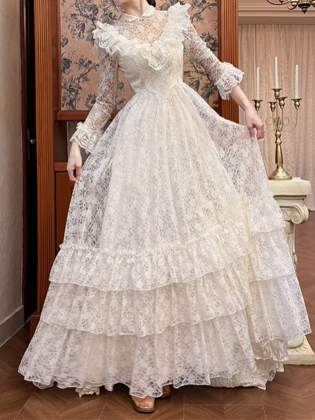 Cream Vintage All‑Lace Wedding Gown, Sheer High Neck With Ruffle Yoke, Long Lace Sleeves With Ruffle Cuffs, Pointed Waist, Multi‑Tiered Ruffle Lace Tiered Skirt, Prom Dress gh8638