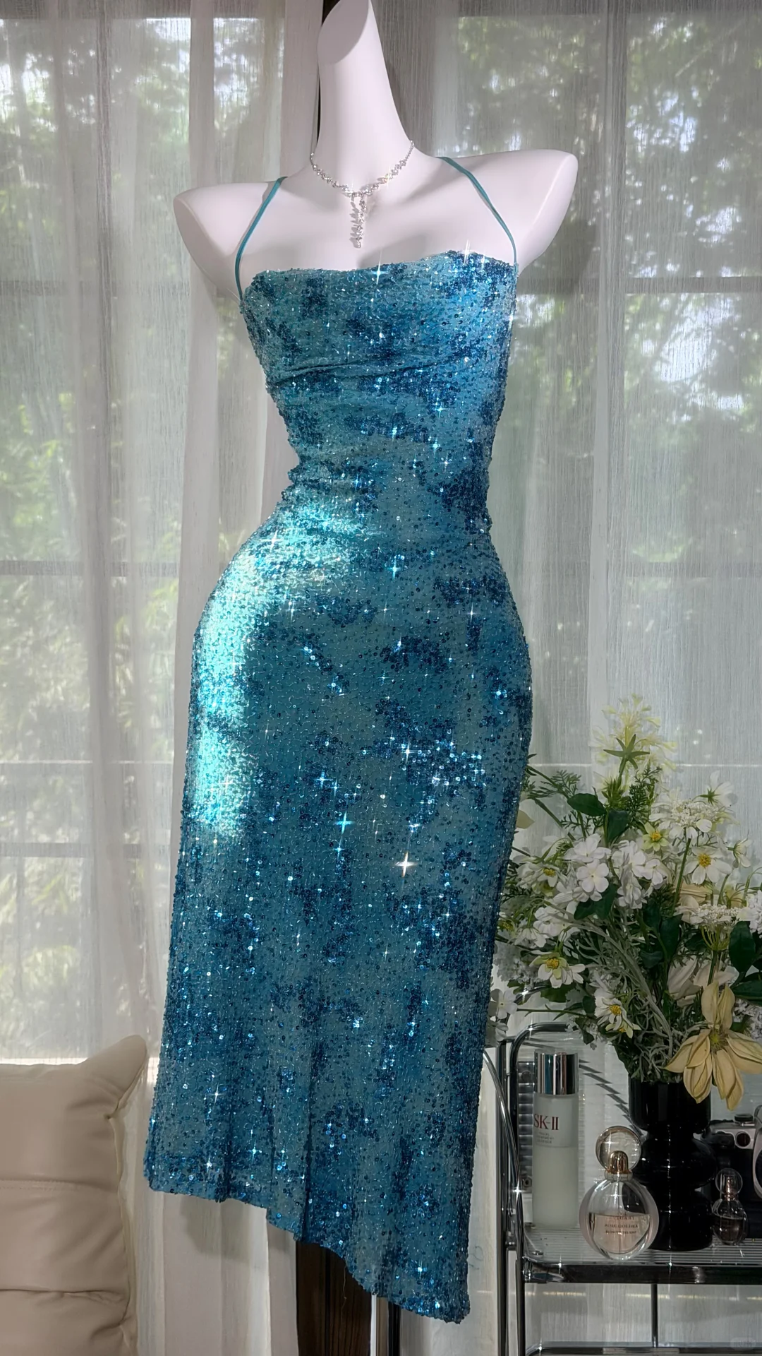 Turquoise Thin Halter Strap Sequin Midi Bodycon Evening Dress, Party Prom Gown gh9513