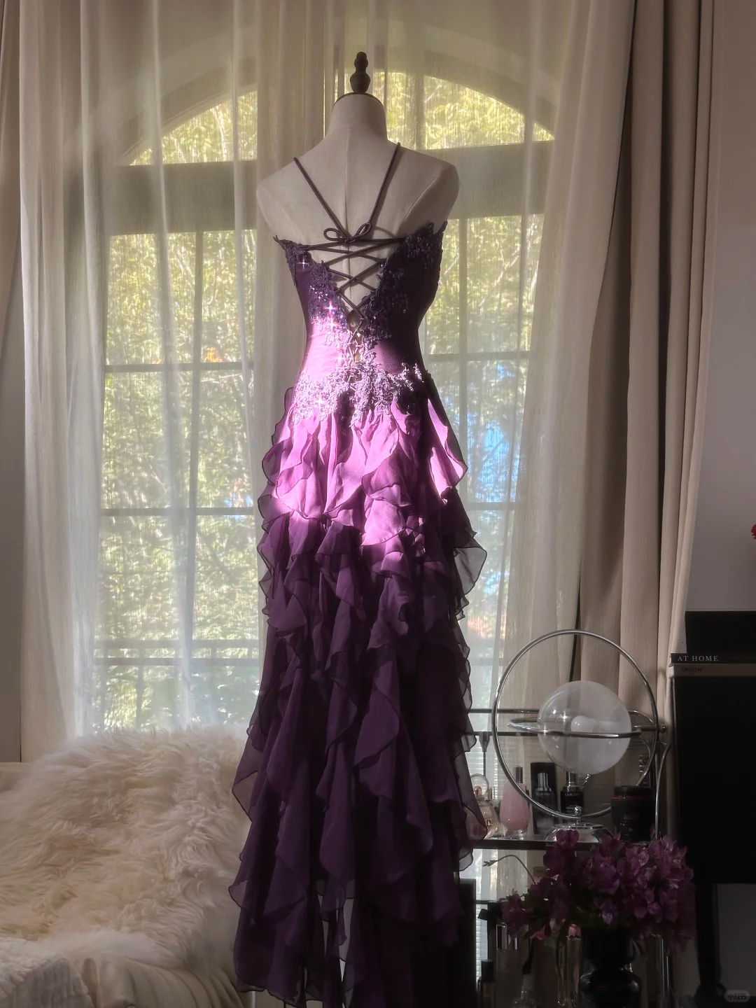 Robe de soirée longue et élégante en mousseline de soie, à volants, violette, romantique, sans manches, pour fête d'anniversaire, gh4270