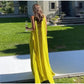 Robe de soirée longue en mousseline de soie, simple et élégante, avec haut tube et épaules dénudées, avec foulard, jaune et vert, gh3662