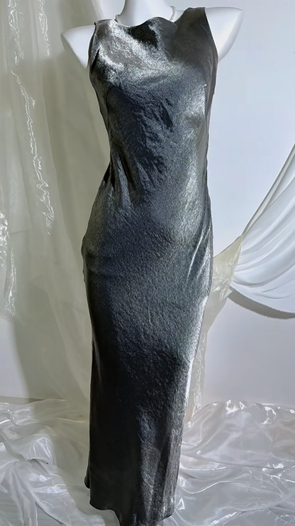 Sexy Dark Gray Sleeveless Satin Prom & Evening Party Dress, Fitted Waist Slim Bodycon Silhouette gh8549
