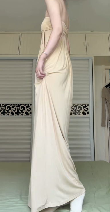 Light Apricot Strapless Tube Top Long Evening Gown, Gold Rhinestone Tassel Pendant, High Waist Flowy Maxi Dress With Side Pockets gh8936