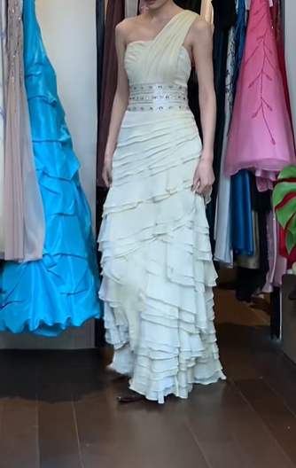 Ivory Vintage Prom Dress One Shoulder Ruched Bodice Beaded Waistband Tiered Ruffle Chiffon Long Evening Gown gh9620