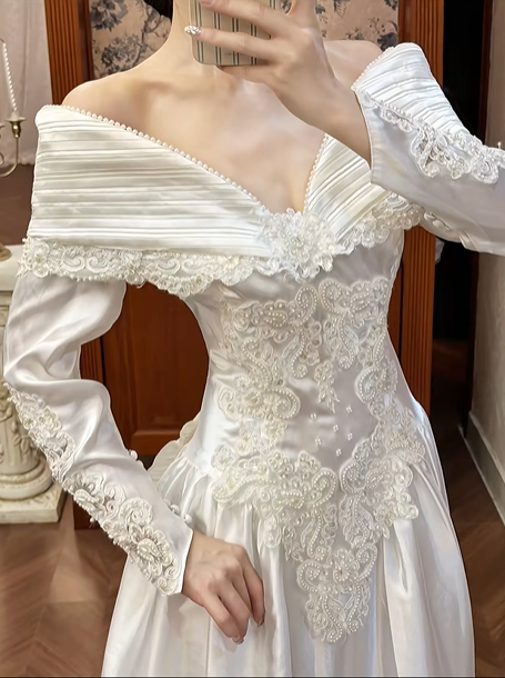 White Vintage Satin Long Train Wedding Prom Dress, Off‑the‑Shoulder Pleated Cape V‑Neck, Lace Embroidered Long Sleeves, Baroque Lace Appliqués gh8716