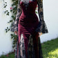 girlhomeshops-Burgunderrotes, langärmliges Gothic-Spitzenkleid aus Samt, Ballkleid, Abendkleid gh5813