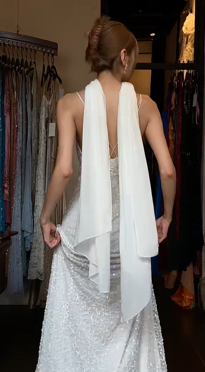 White Beaded Sequin Mermaid Prom Dress Spaghetti Straps V Neck Long Formal Evening Gown gh9836