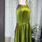 Olive Green Deep V Halter Satin Mermaid Long Evening Dress with Beaded Waistband, Prom Gown gh9531