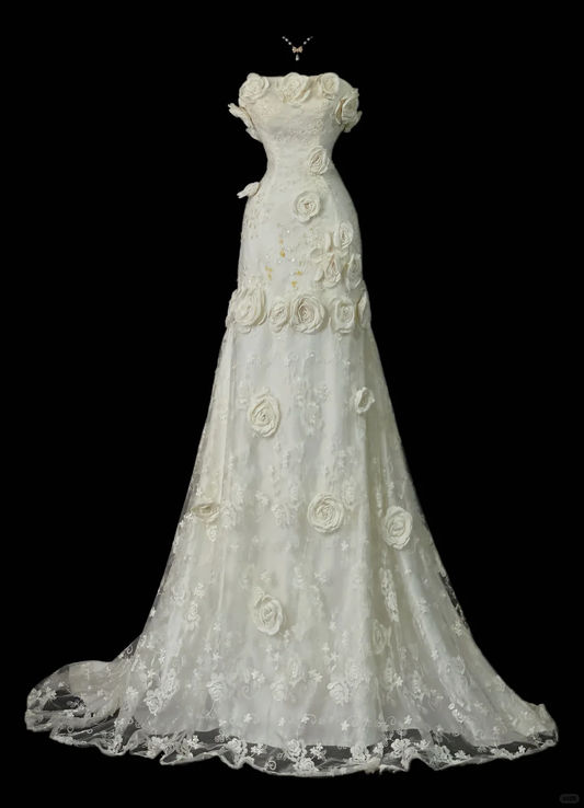 Ivory Vintage Mermaid Wedding Gown, Strapless 3D Rose Floral Appliqués, All‑Over Lace Embroidery, Fitted Waist, Lace Long Train With Scalloped Hem, Romantic Bridal Dress gh8882