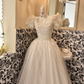 Ivory Puff Sleeve Square Neck Waist-Cinched Full Flared Skirt Elegant Classic Romantic Dress, Wedding Gown gh7746