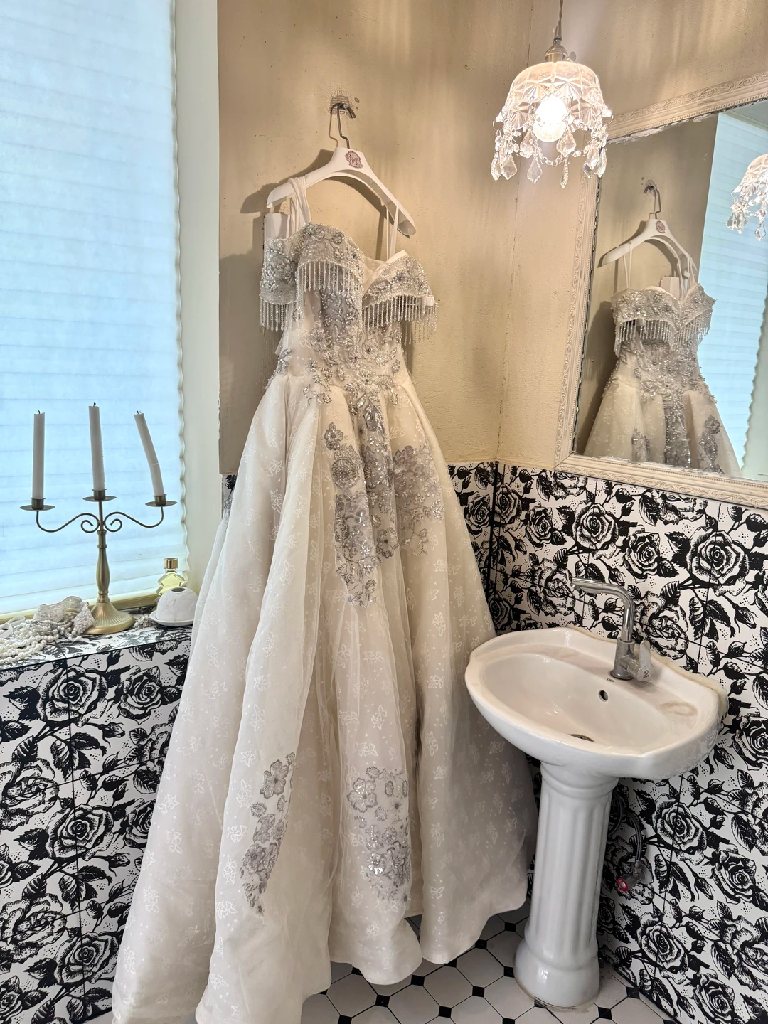 Ivory Strapless Tassel Silver Beaded Waist-Cinched Fitted Full Flared Romantic Dress, Wedding Gown gh7516