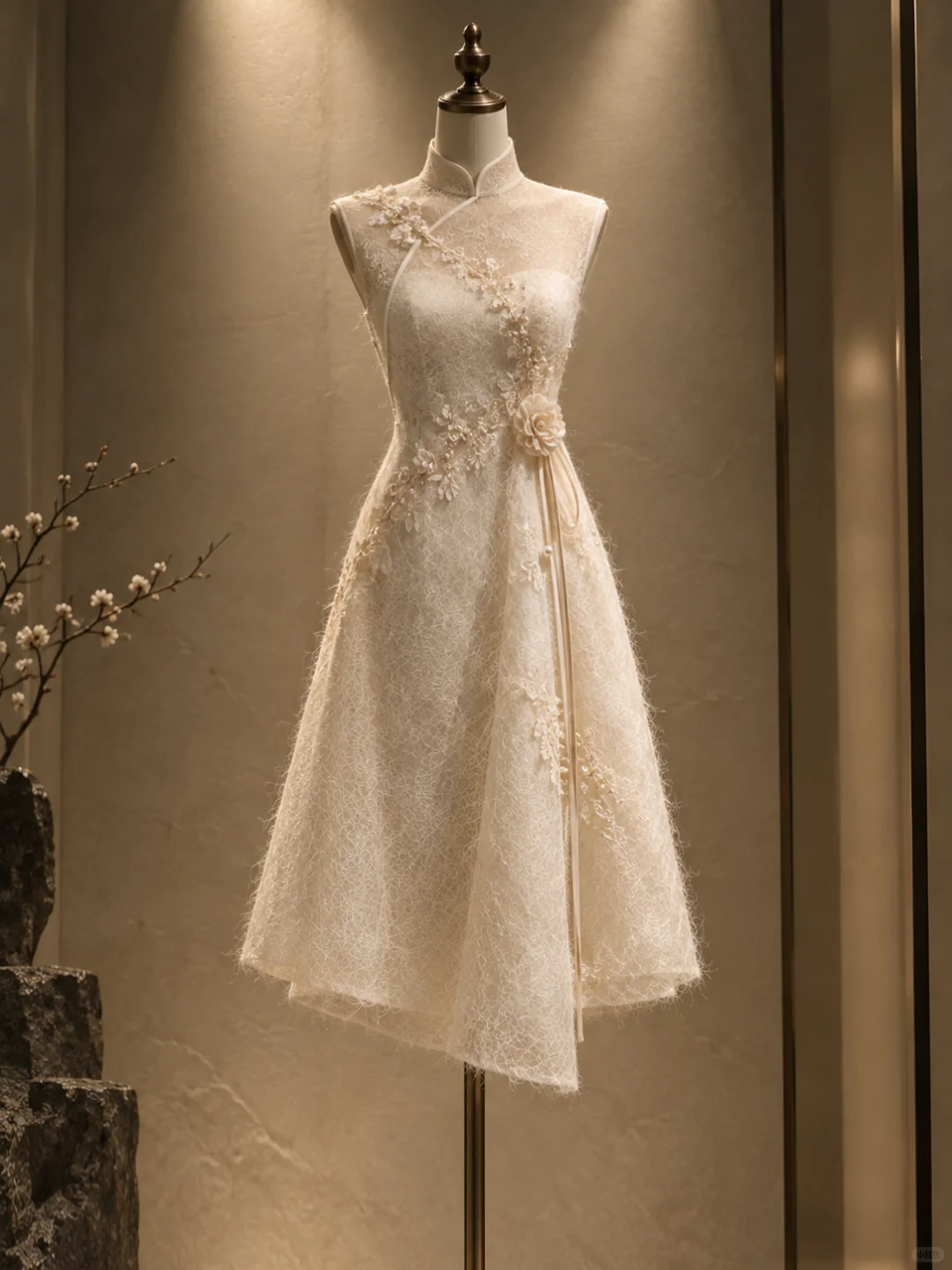 ✨Girlhomeshops-Sweet Ivory Short Lace Qipao Cocktail Gown gh10322