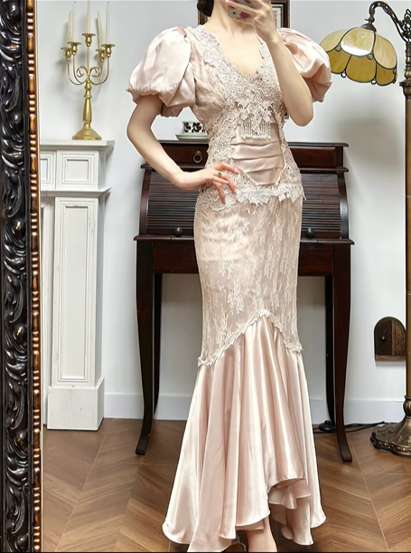 Light Pink Vintage Satin Lace Prom Gown, V‑Neck Puff Short Sleeves, Lace Tassel Cutout Fitted Waist, Lace‑Satin Mermaid Skirt, Evening Prom Dress gh8731