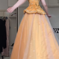 Golden Strapless Evening Gown, Gold Embroidery Beaded Peplum Satin Tulle Floor‑Length Prom Dress gh9057